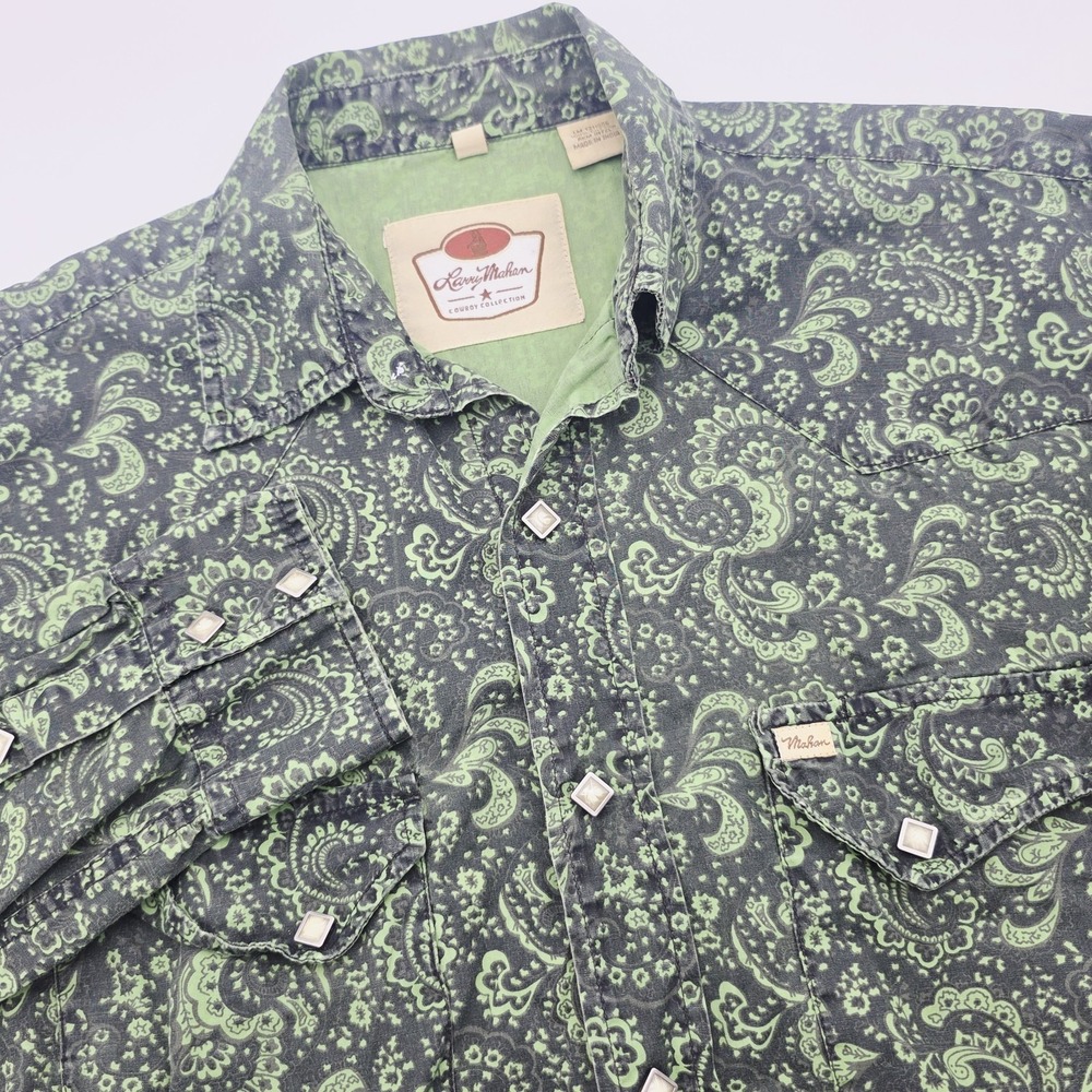 Larry Mahan Western Shirt Mens Small Paisley Green Pearl Snap Long Sleeve Cowboy